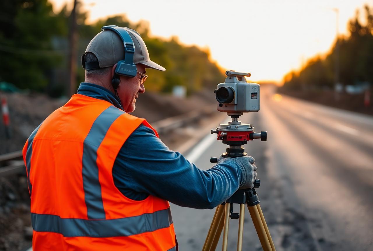 Field surveyor using GNSS equipment beside a roadway construction site