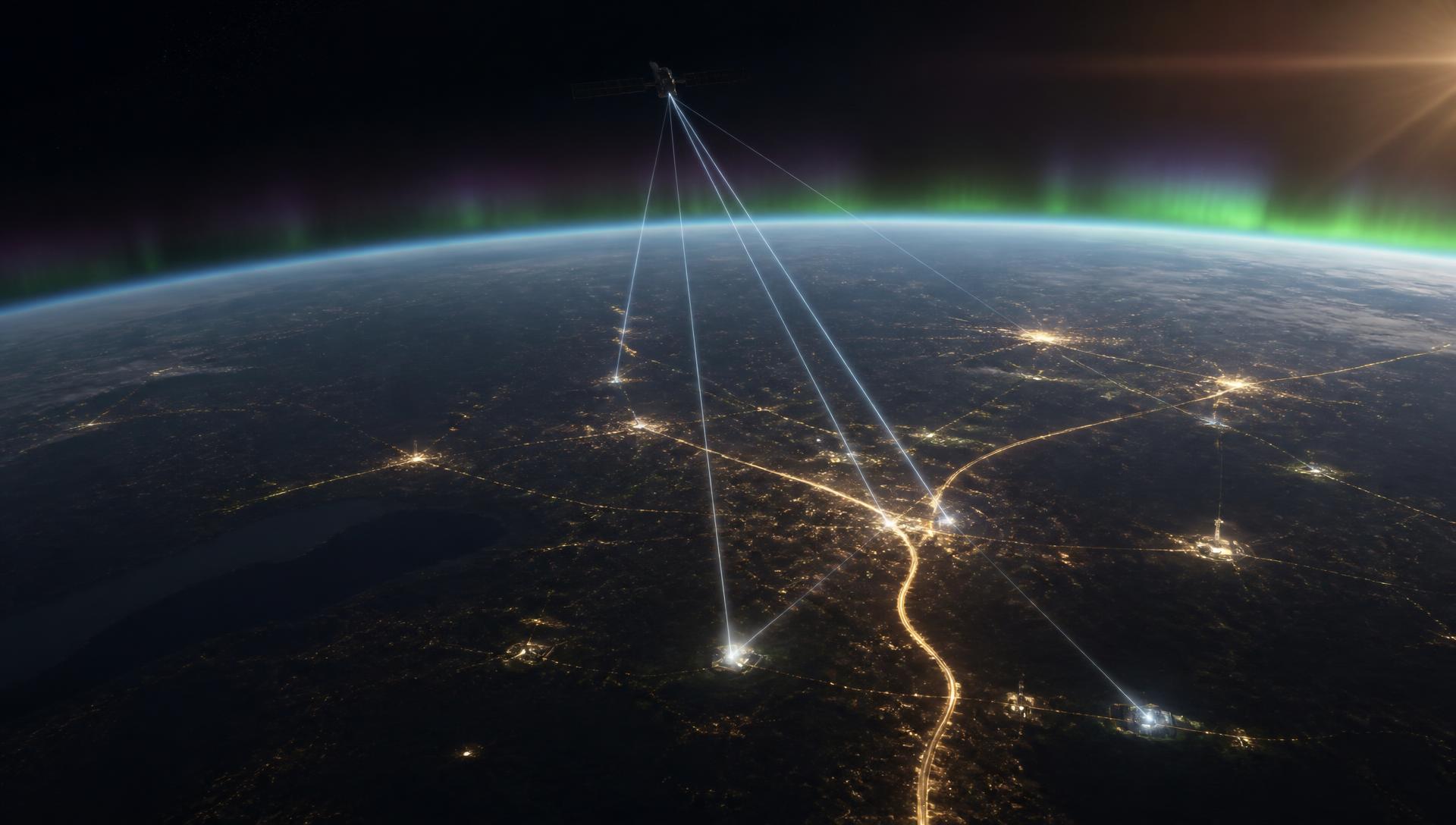 Earth from near-space with aurora and GNSS signal paths descending toward infrastructure